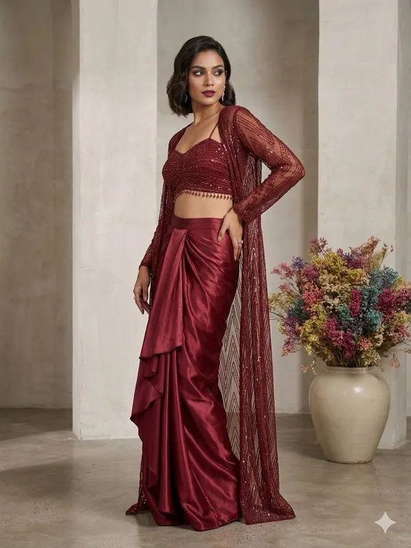 Maroon_Net_Readymade_Stitched_3_Piece_Set_With_Embroidery_And_Sequin_Work