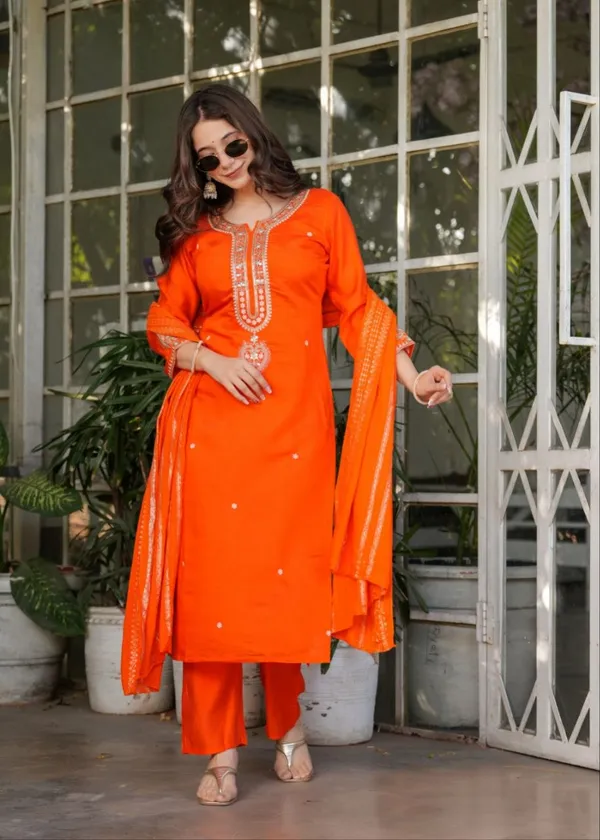 Orange_Embroidered_Sequinned_Chanderi_Silk_Kurta_And_Trousers_With_Dupatta