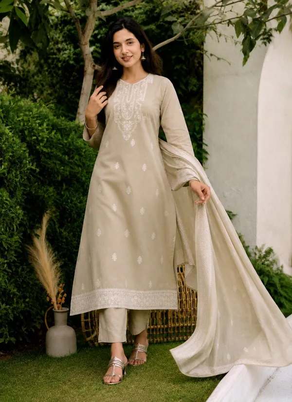 Chiku_Brown_Jacquard_Pure_Cotton_Kurti_With_Dupatta_And_Pant