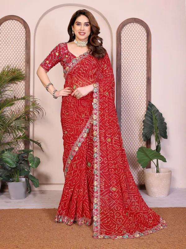 Red_Georgette_Bandhej_Print_Cutwork_Lace_Border_Saree_For_Women