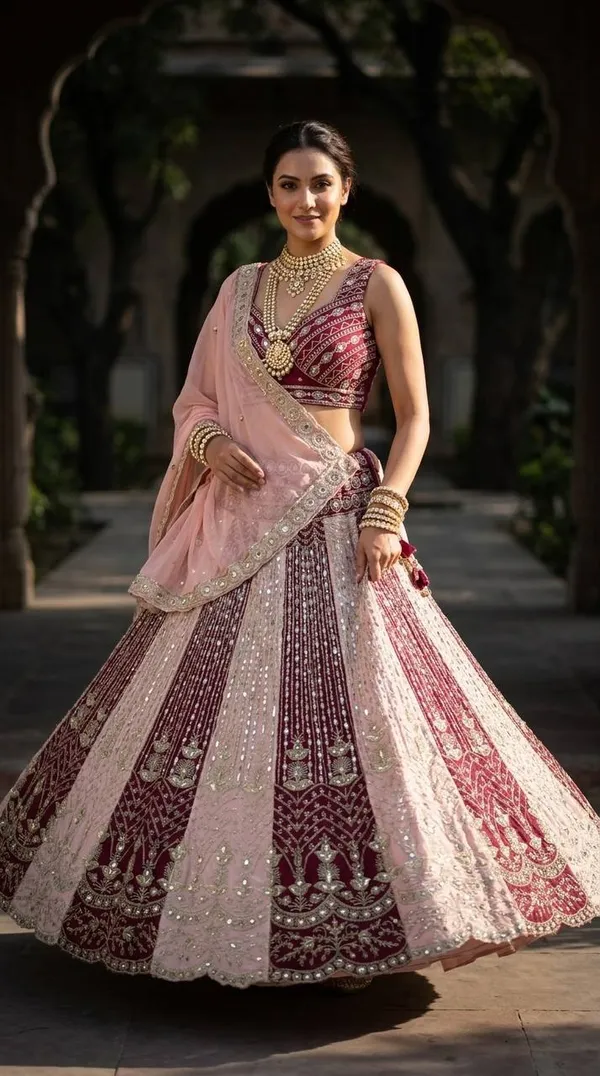Maroon_And_Silver-Toned_Embroidered_Semi-Stitched_Lehenga_Choli_With_A_Peach_Dupatta