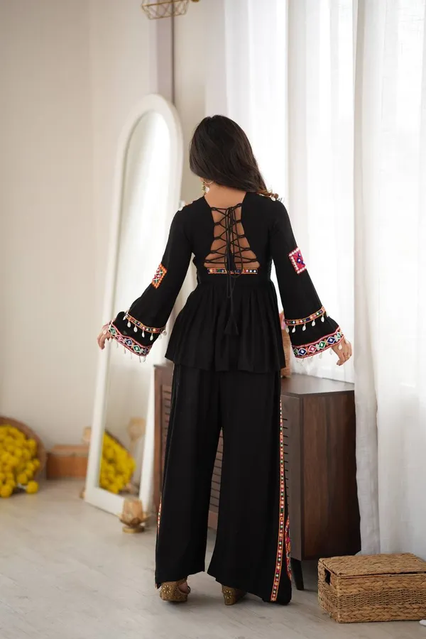 Black_Ethnic_Tunic_And_Palazzo_Set_Detailed_With_Colorful_Kutchi_Mirror-Work_Embroidery_And_Flared_Bell_Sleeves