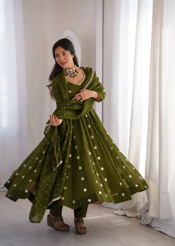 Green_Flared_Anarkali_Kurta_Set_With_Matching_Trousers_And_A_Dupatta