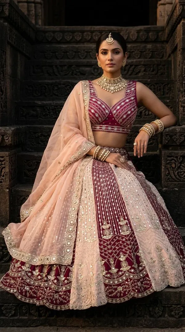 Maroon_And_Silver-Toned_Embroidered_Semi-Stitched_Lehenga_Choli_With_A_Peach_Dupatta