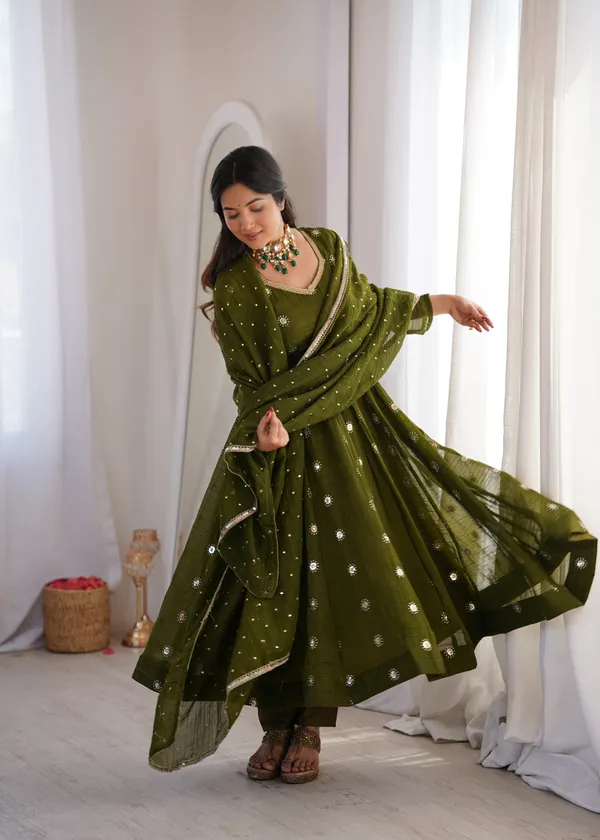 Green_Flared_Anarkali_Kurta_Set_With_Matching_Trousers_And_A_Dupatta