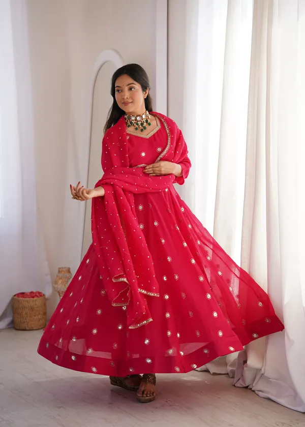 Rani_Pink_Flared_Anarkali_Kurta_Set_With_Matching_Trousers_And_A_Dupatta