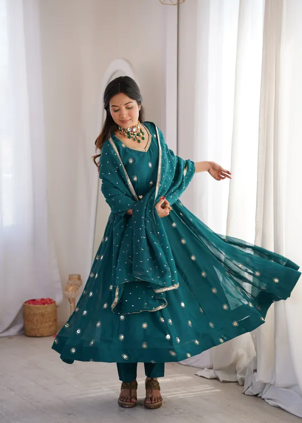 Turquoise_Flared_Anarkali_Kurta_Set_With_Matching_Trousers_And_A_Dupatta
