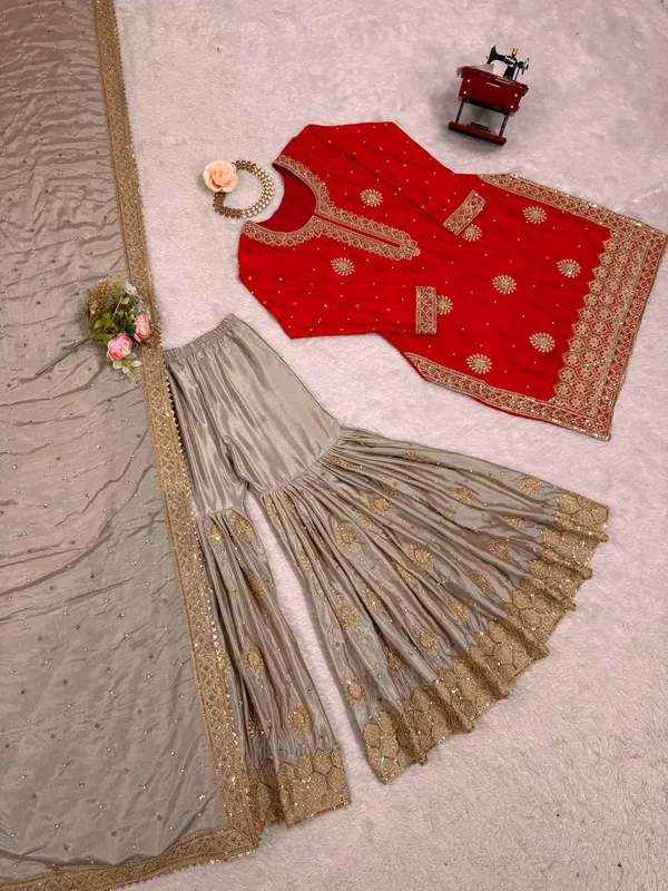 Red_Embroidered_Sharara_Set_Featuring_Intricate_Zari_Thread_Work_And_A_Matching_Dupatta