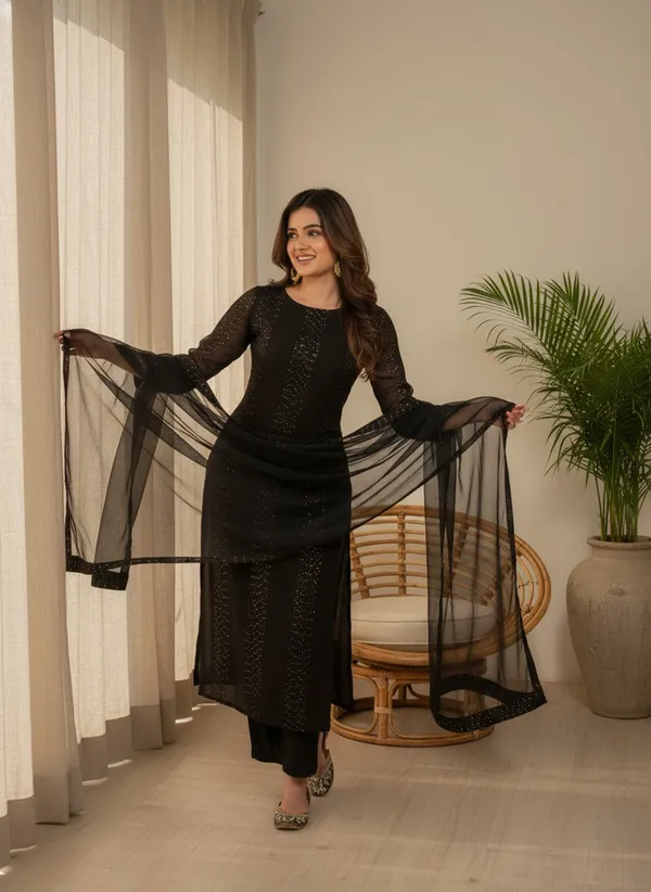 Women'S_Black_Faux_Georgette_Sequin_Embroidered_Kurta_Pant_Set_With_Net_Dupatta