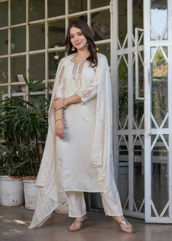 White_Embroidered_Sequinned_Chanderi_Silk_Kurta_And_Trousers_With_Dupatta
