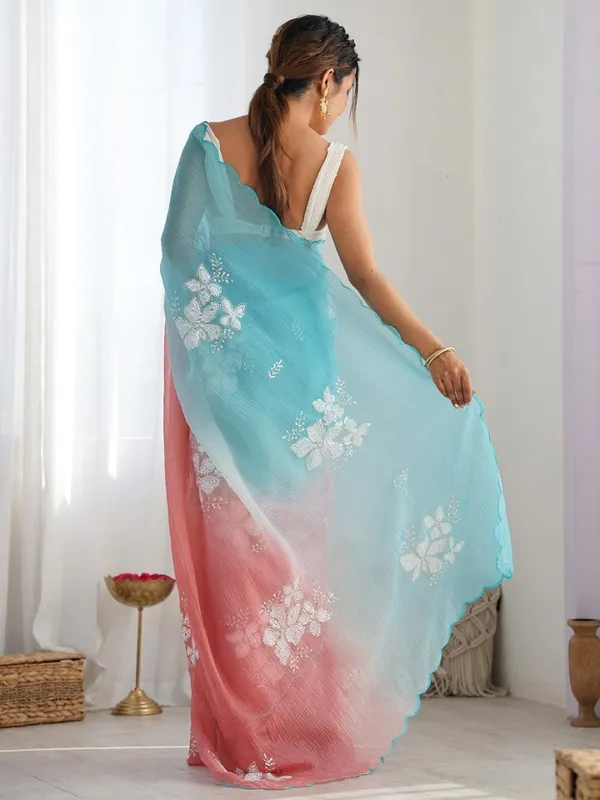 Blue_And_Pink_Ombre_Silk_Blend_Saree_Accentuated_With_Floral_Sequins_Embroidery