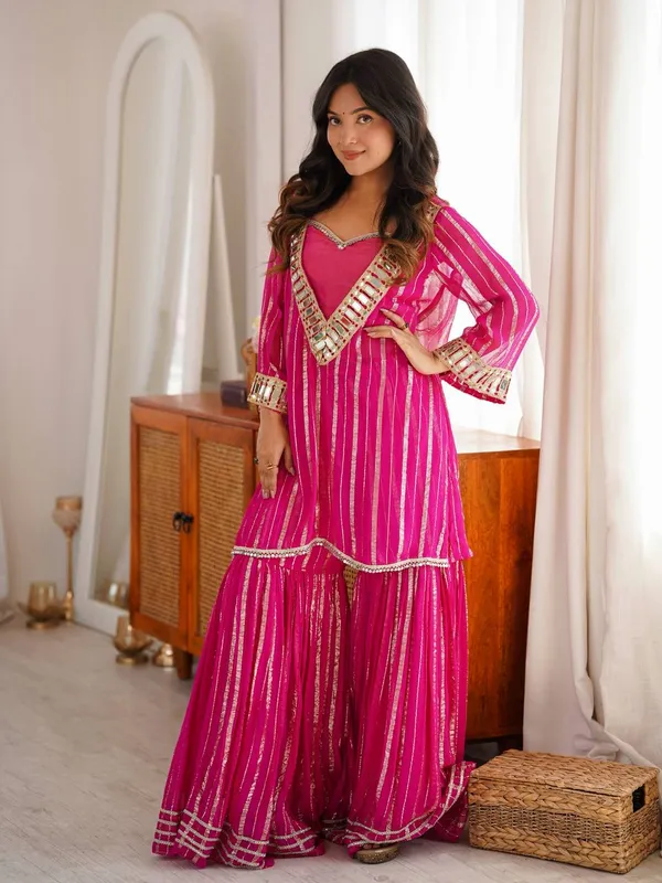 Women'S_Hot_Pink_Gold_Zari_Top_And_Sharara_Set_With_Real_Mirror_Embroidery