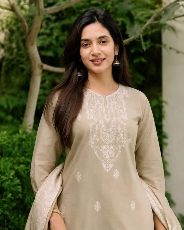 Chiku_Brown_Jacquard_Pure_Cotton_Kurti_With_Dupatta_And_Pant