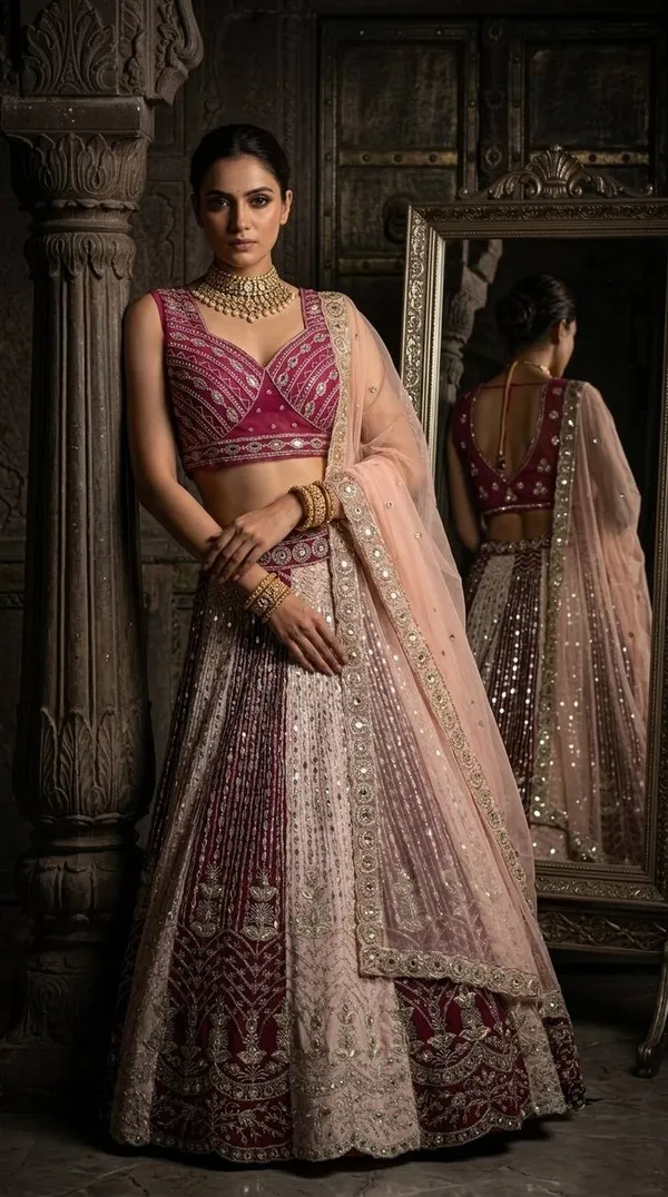 Maroon_And_Silver-Toned_Embroidered_Semi-Stitched_Lehenga_Choli_With_A_Peach_Dupatta