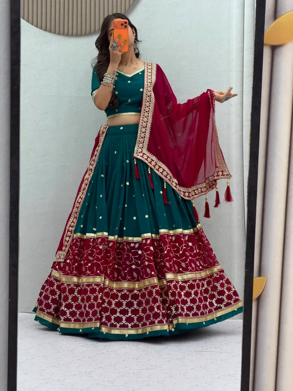 Peacock_Teal_Gold_Foil_Print_Fox_Georgette_Navratri_Lehenga_Set