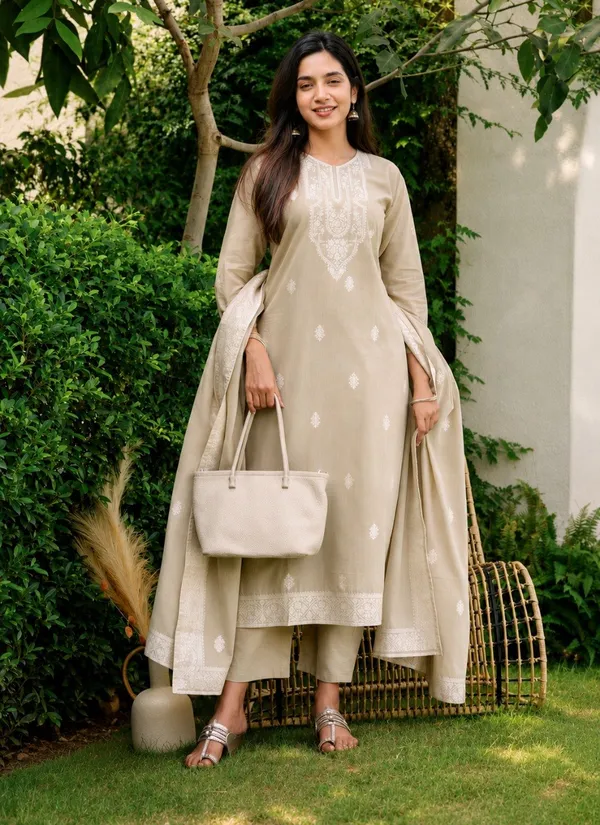 Chiku_Brown_Jacquard_Pure_Cotton_Kurti_With_Dupatta_And_Pant