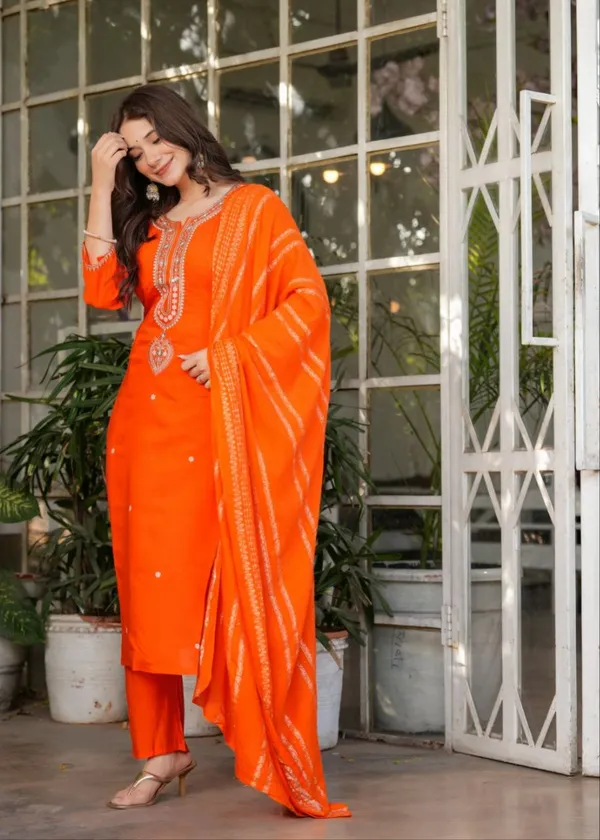 Orange_Embroidered_Sequinned_Chanderi_Silk_Kurta_And_Trousers_With_Dupatta