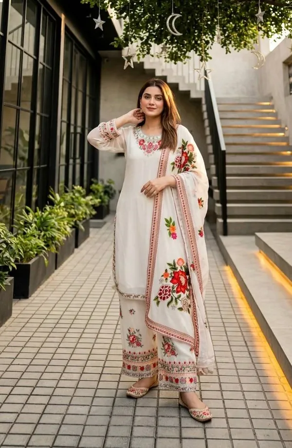 White_Faux_Georgette_Floral_Embroidered_Kurti_Set_For_Women