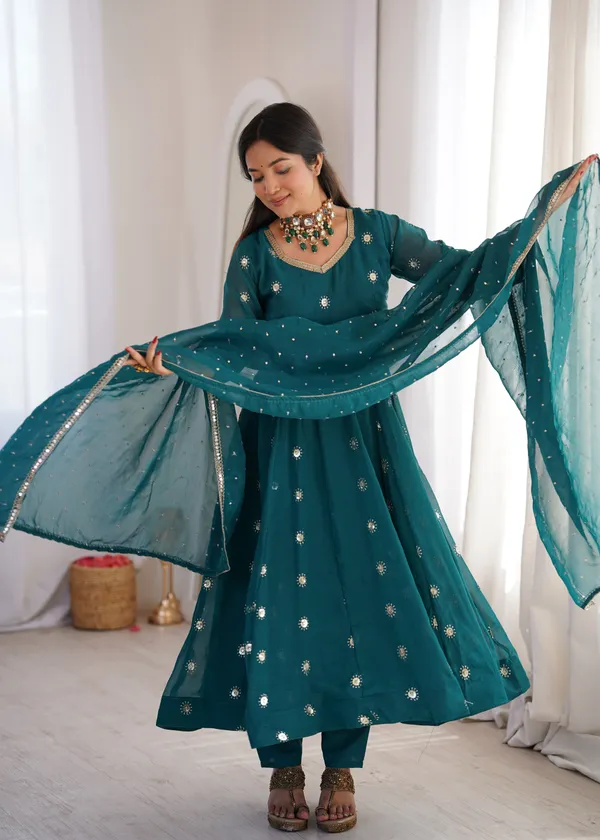 Turquoise_Flared_Anarkali_Kurta_Set_With_Matching_Trousers_And_A_Dupatta