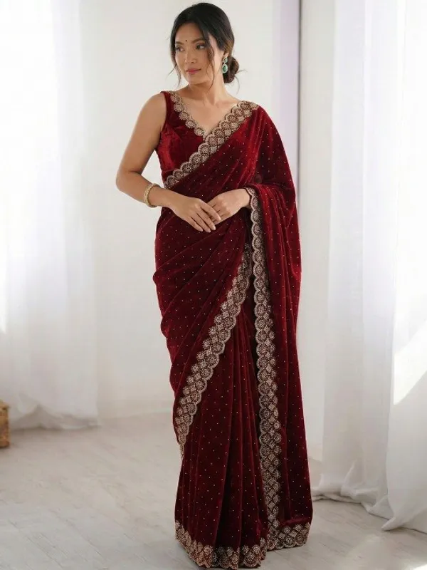 Maroon_Premium_Diamond_Work_Saree_For_Wedding