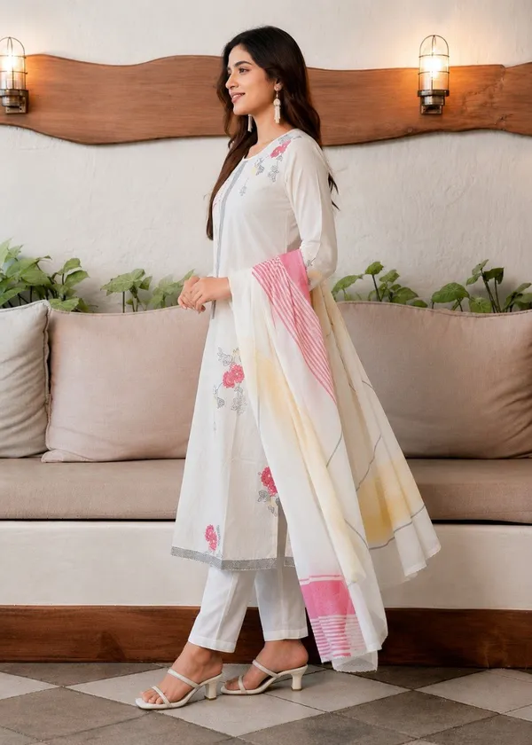 White_Cotton_Women_Kurti_Set_With_Dupatta_And_Inner_And_Bottom