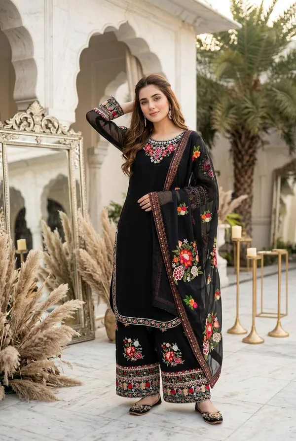 Black_Faux_Georgette_Embroidered_Party_Wear_Kurti_Set_For_Women