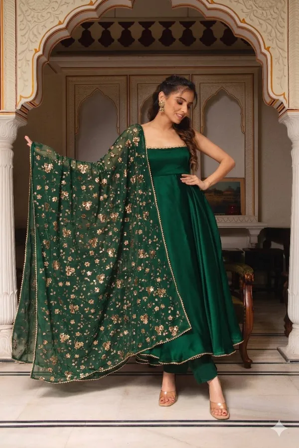 Green_Color_Hand_Work_Anarkali_Suit_Set_Of_3