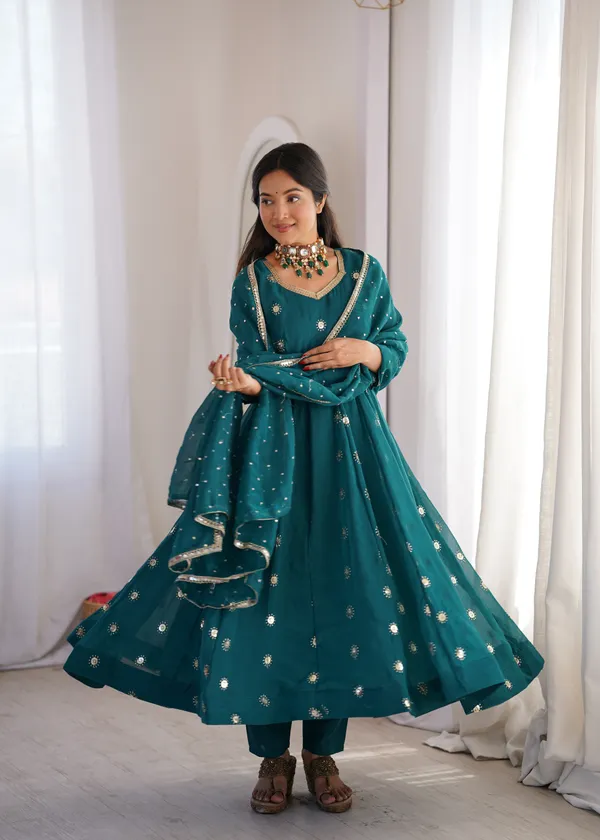 Turquoise_Flared_Anarkali_Kurta_Set_With_Matching_Trousers_And_A_Dupatta