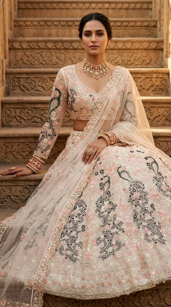 Pastel-Toned,_Heavily_Embroidered_Lehenga_Featuring_Distinct_Peacock_Motifs_And_A_Sheer,_Sequin-Embellished_Dupatta