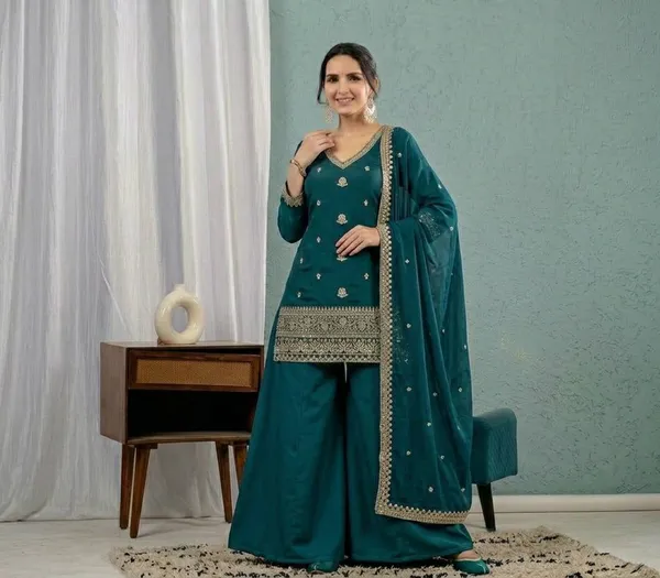 Women'S_Teal_Green_Embroidered_Kurta_Sharara_Set_With_Mal_Chanderi_Dupatta_Stitched