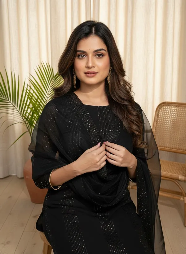 Women'S_Black_Faux_Georgette_Sequin_Embroidered_Kurta_Pant_Set_With_Net_Dupatta