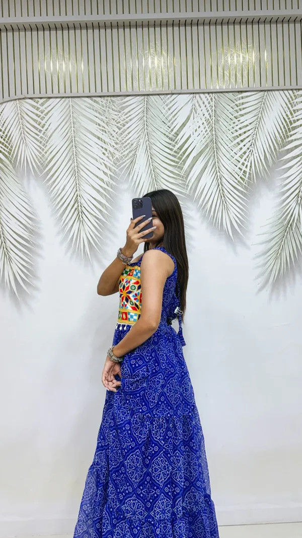 Royal_Blue_Pure_Georgette_Bandhej_Print_Navratri_Special_Tiered_Gown_With_Gamthi_Work