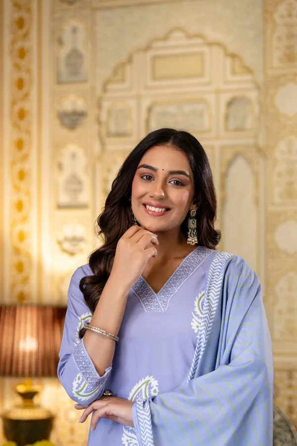 Lavender_Rayon_Printed_Kurta_Pant_Set_With_Chanderi_Dupatta