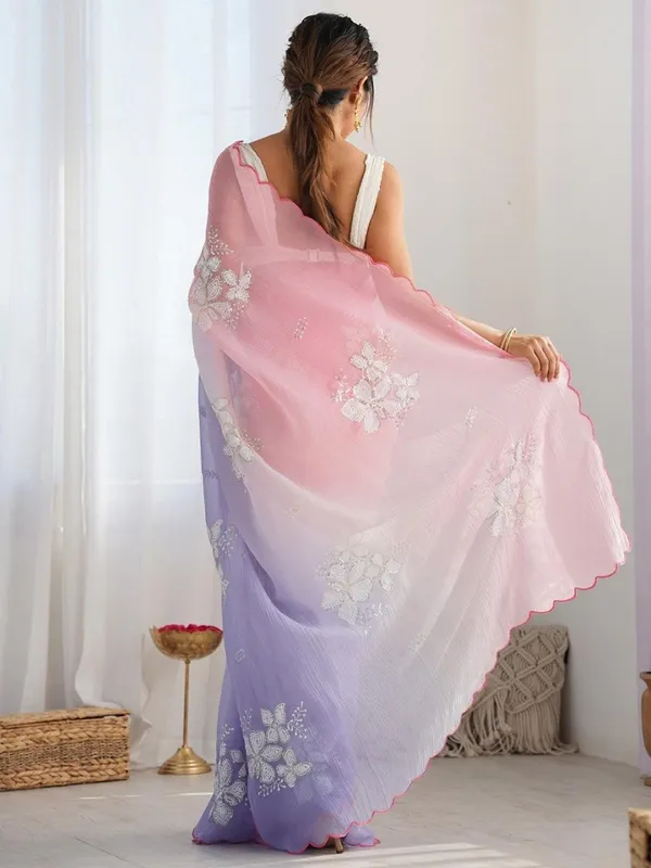 Purple_And_Pink_Ombre_Silk_Blend_Saree_Accentuated_With_Floral_Sequins_Embroidery