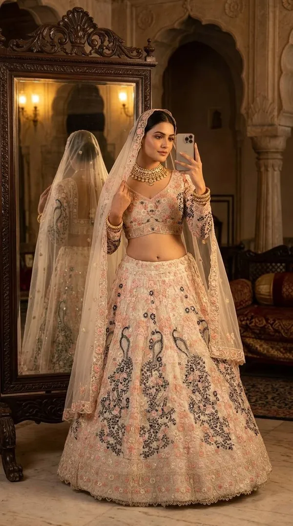 Pastel-Toned,_Heavily_Embroidered_Lehenga_Featuring_Distinct_Peacock_Motifs_And_A_Sheer,_Sequin-Embellished_Dupatta