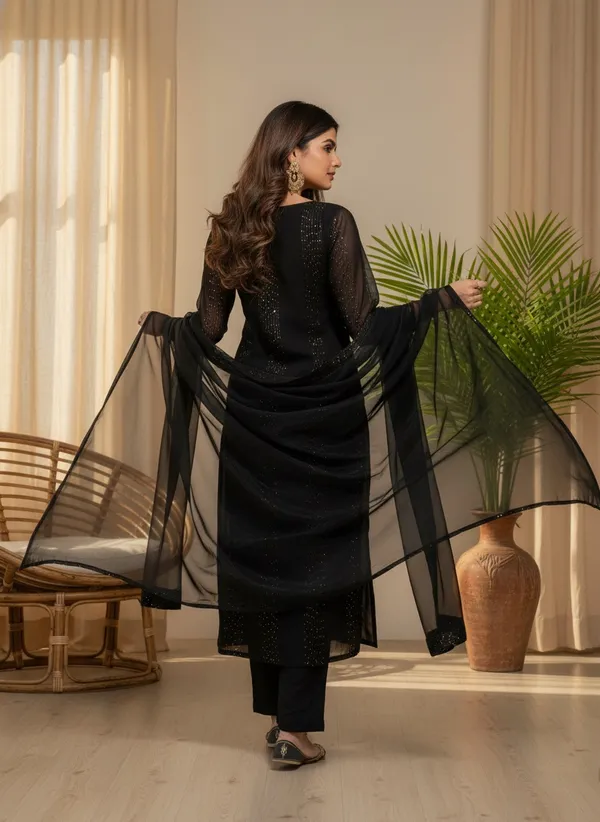 Women'S_Black_Faux_Georgette_Sequin_Embroidered_Kurta_Pant_Set_With_Net_Dupatta