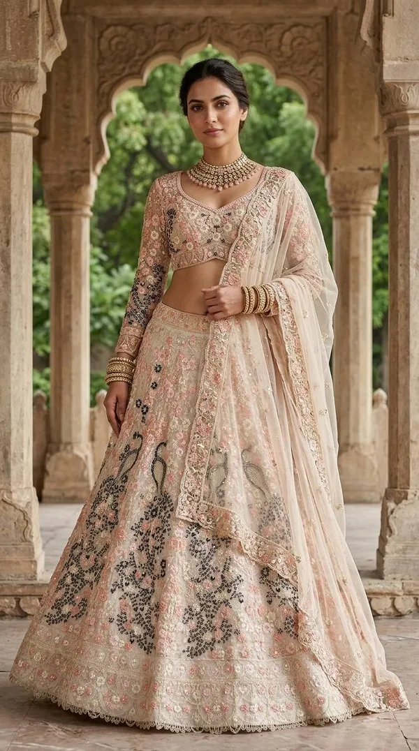 Pastel-Toned,_Heavily_Embroidered_Lehenga_Featuring_Distinct_Peacock_Motifs_And_A_Sheer,_Sequin-Embellished_Dupatta