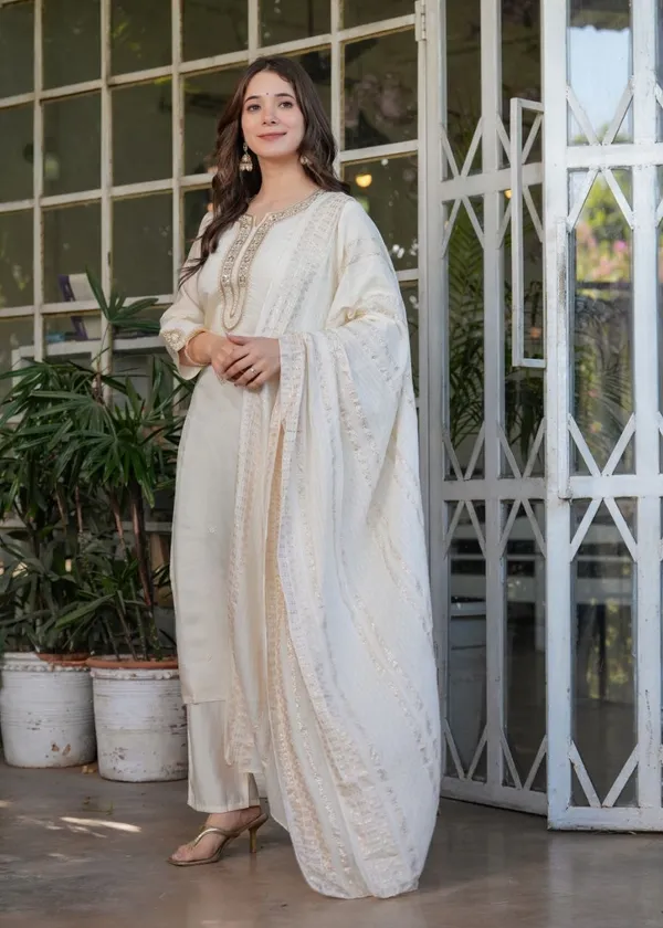 White_Embroidered_Sequinned_Chanderi_Silk_Kurta_And_Trousers_With_Dupatta