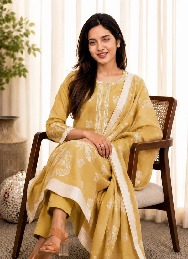 Light_Yellow_Jacquard_Pure_Cotton_Kurti_With_Dupatta_And_Pant