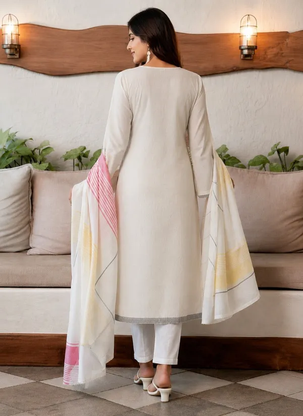 White_Cotton_Women_Kurti_Set_With_Dupatta_And_Inner_And_Bottom