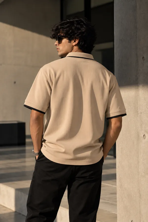 Beige_Jacquard_Contrast_Trim_Polo_T_Shirt_For_Men