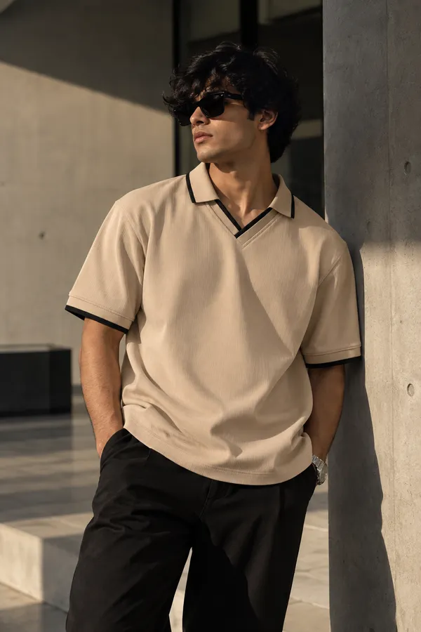 Beige_Jacquard_Contrast_Trim_Polo_T_Shirt_For_Men