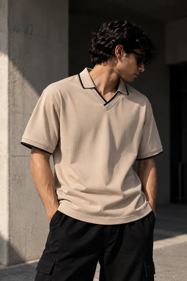 Beige_Jacquard_Contrast_Trim_Polo_T_Shirt_For_Men