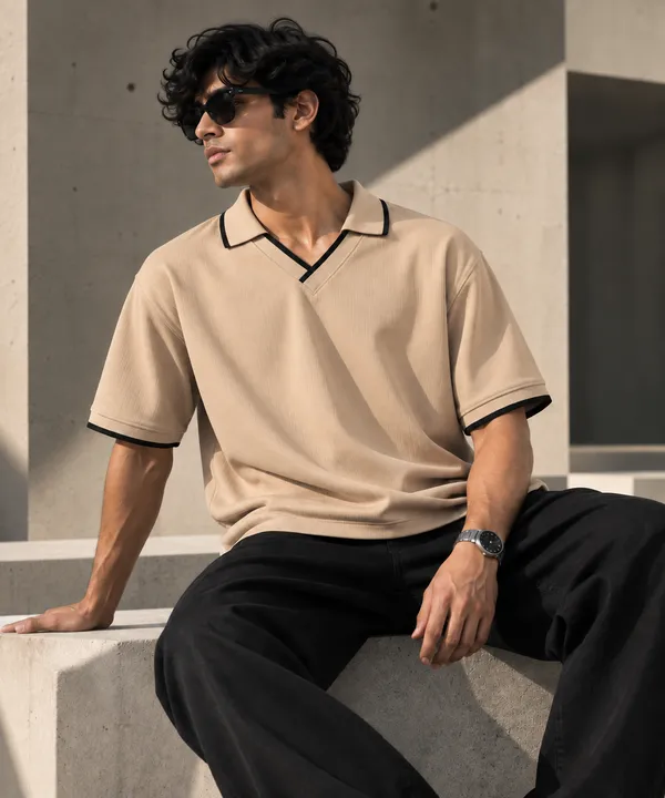 Beige_Jacquard_Contrast_Trim_Polo_T_Shirt_For_Men