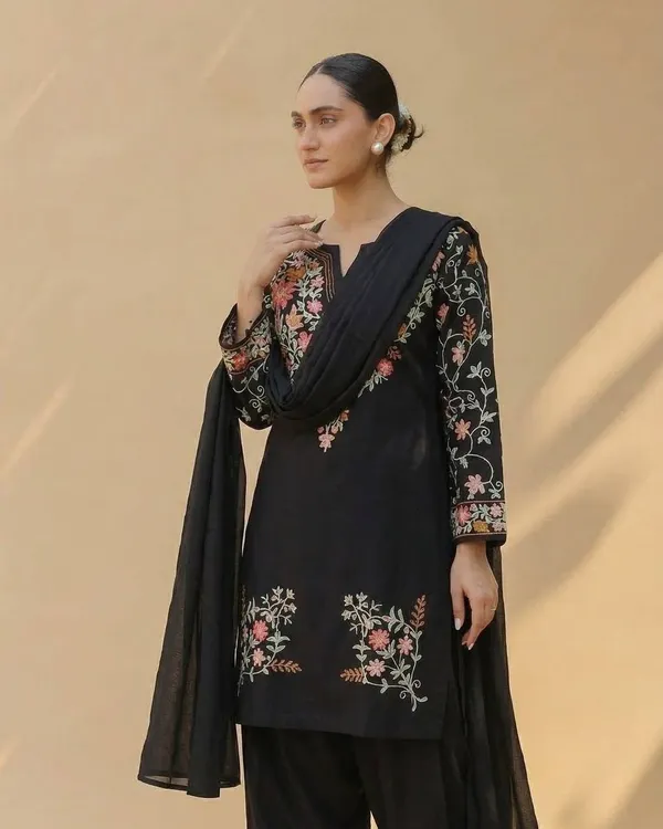 Black_Embroidery_Silk_Blend_Farshi_Salwar_Stitched_With_Dupatta