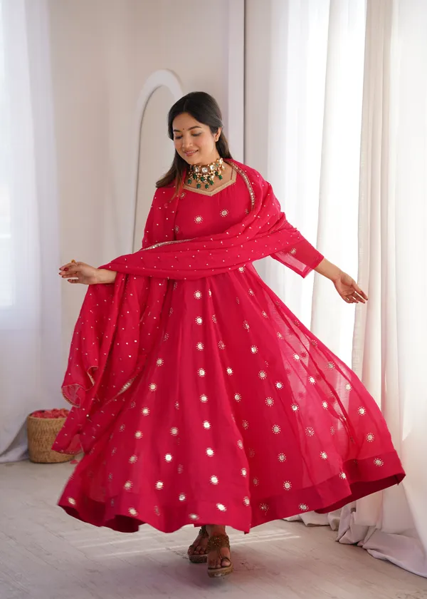 Rani_Pink_Flared_Anarkali_Kurta_Set_With_Matching_Trousers_And_A_Dupatta
