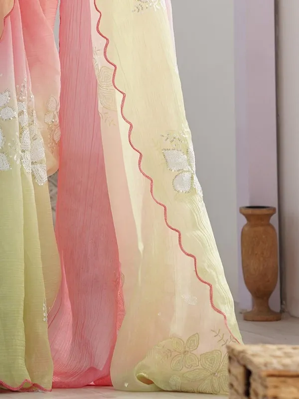 Yellow_And_Pink_Ombre_Silk_Blend_Saree_Accentuated_With_Floral_Sequins_Embroidery