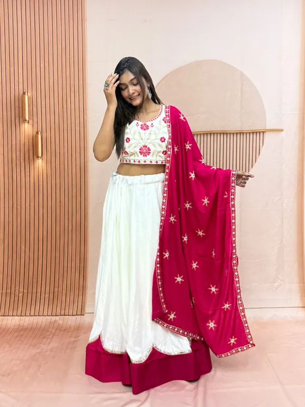 Off-White_And_Rani_Pink_Pure_Cotton_Sequence_Thread_Work_Embroidery_Lehenga_Choli_Set