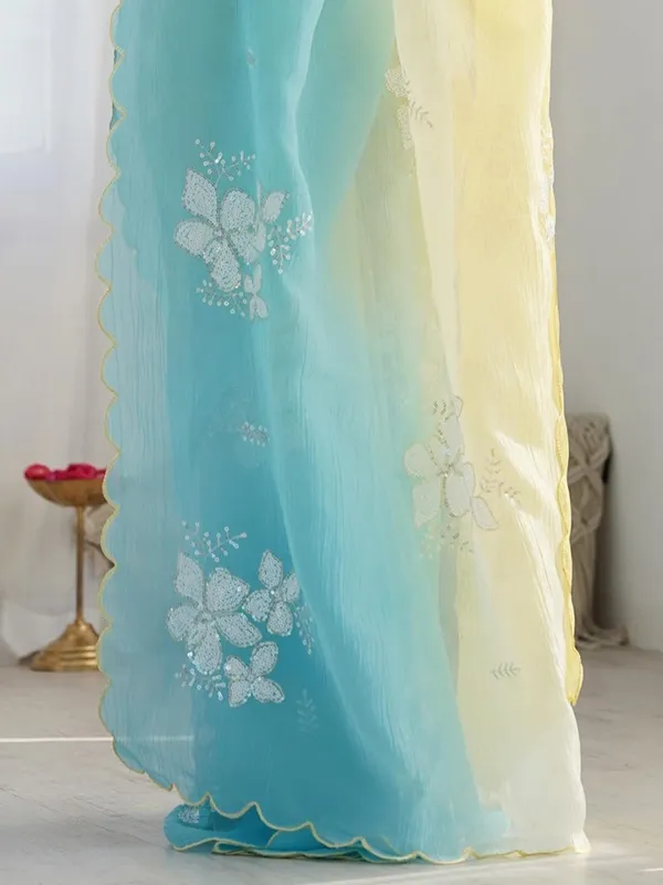 Yellow_And_Blue_Ombre_Silk_Blend_Saree_Accentuated_With_Floral_Sequins_Embroidery