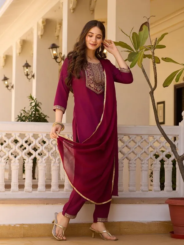 Maroon_Rayon_Embroidered_Readymade_Suit_For_Party